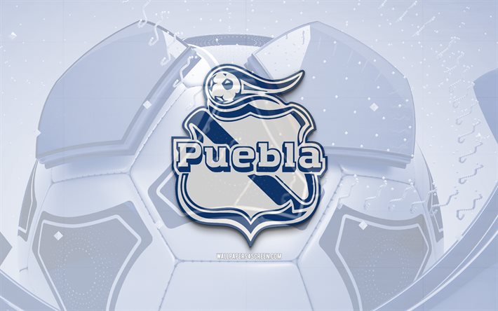 Club Puebla glossy logo, 4K, blue football background, Liga MX, soccer, mexican football club, Club Puebla 3D logo, Club Puebla emblem, Puebla FC, football, sports logo, Club Puebla