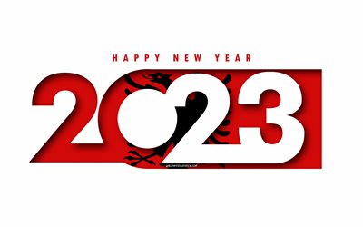 felice anno nuovo 2023 albania, sfondo bianco, albania, arte minima, concetti dell'albania del 2023, albania 2023, 2023 storia dell'albania, 2023 felice anno nuovo albania