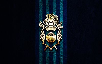 logotipo dorado de gimnasia y esgrima la plata, 4k, fondo de piedra azul, liga profesional, club de futbol argentino, logotipo de gimnasia y esgrima la plata, fútbol, emblema de gimnasia y esgrima la plata, gimnasia y esgrima la plata fc