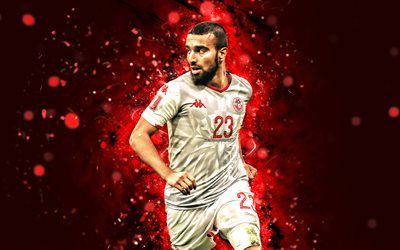 naim sliti, 4k, luzes neon vermelhas, seleção nacional de futebol da tunísia, futebol, jogadores de futebol, fundo abstrato vermelho, seleção de futebol da tunísia, naim sliti 4k