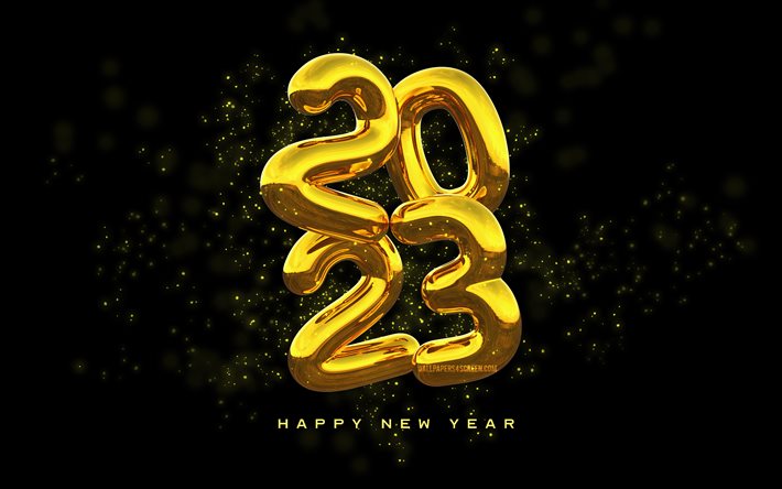 4k, felice anno nuovo 2023, palloncini realistici dorati, arte 3d, 2023 concetti, cifre di palloncini 2023, creativo, 2023 sfondo nero, 2023 anno, 2023 cifre 3d
