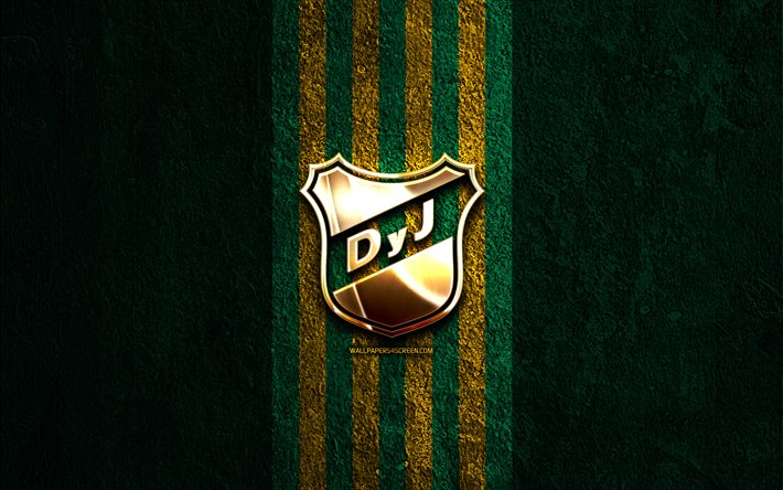 Defensa y Justicia golden logo, 4k, green stone background, Liga Profesional, argentine football club, Defensa y Justicia logo, soccer, Defensa y Justicia emblem, Defensa y Justicia, football, Defensa y Justicia FC