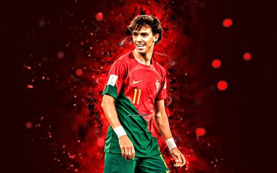 4k, Joao Felix, 2022, red neon lights, Portugal National Football Team, soccer, footballers, red abstract background, Portuguese football team, Joao Felix 4K