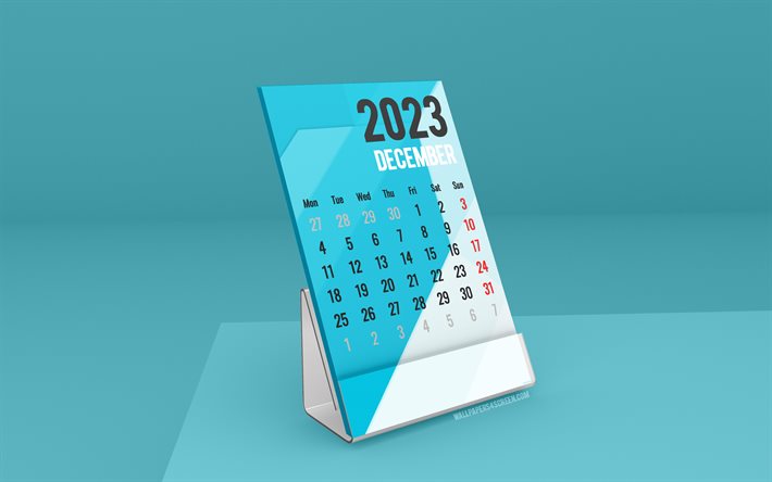 december 2023 kalender, 4k, stå skrivbordskalendrar, december, 2023 kalendrar, blå skrivbordskalender, blått bord, december kalender 2023, vinterkalendrar, 2023 skrivbordskalendrar, affärskalender för december 2023