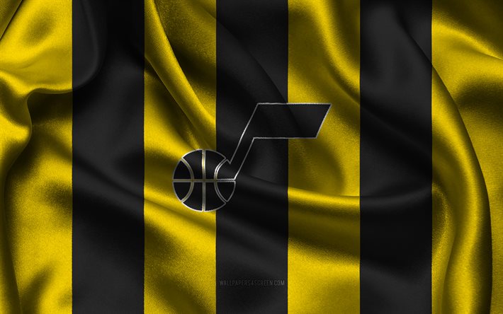 4k, logotipo de jazz de utah, tela de seda negra amarilla, equipo de baloncesto americano, emblema de los jazz de utah, nba, jazz de utah, eeuu, baloncesto, bandera de los jazz de utah