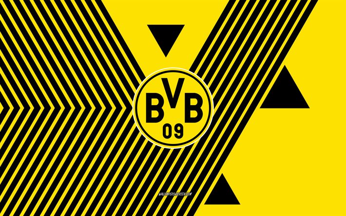 borussia dortmund logosu, 4k, alman futbol takımı, sarı siyah çizgiler arka plan, borussia dortmund, bundesliga, almanya, hat sanatı, bvb, borussia dortmund amblemi, futbol