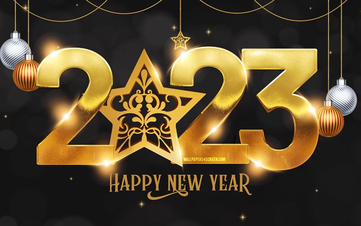 4k, hyvää uutta vuotta 2023, kultaiset metallinumerot, vektori taidetta, 2023 konseptit, 2023 kultaisia ​​numeroita, joulu koristelu, luova, 2023 musta tausta, 2023 vuosi, 2023 3d numerot