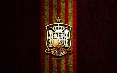 spaniens fotbollslandslags gyllene logotyp, 4k, röd sten bakgrund, uefa, landslag, spaniens fotbollslandslags logotyp, fotboll, spanska fotbollslaget, spaniens fotbollslandslag