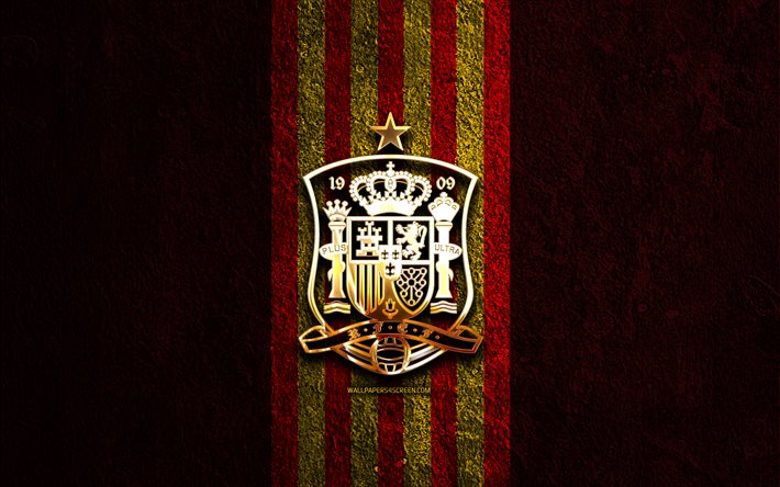 Spain national football team golden logo, 4k, red stone background, UEFA, national teams, Spain national football team logo, soccer, Spanish football team, football, Spain national football team