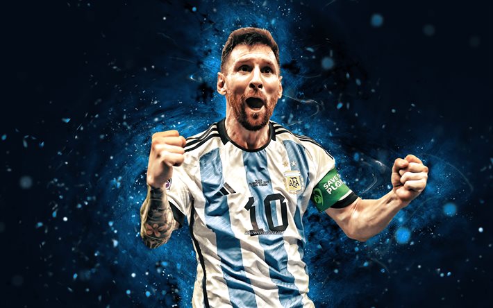 4k, lionel messi, 2022, obiettivo, nazionale di calcio dell'argentina, luci al neon blu, calcio, calciatori, sfondo astratto blu, leone messi, squadra di calcio argentina, lionel messi 4k