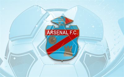 Arsenal Sarandi glossy logo, 4K, blue football background, Liga Profesional, soccer, argentine football club, Arsenal Sarandi 3D logo, Arsenal Sarandi emblem, Arsenal Sarandi FC, football, sports logo, Arsenal Sarandi