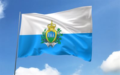 San Marino flag on flagpole, 4K, European countries, blue sky, flag of San Marino, wavy satin flags, San Marino flag, Jersey national symbols, flagpole with flags, Day of San Marino, Europe, San Marino