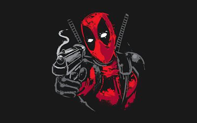 4k, Deadpool with gun, artwork, minimal, gray backgrounds, antiheroes, Deadpool, fan art, Deadpool minimalism, Marvel Comics, Deadpool 4K