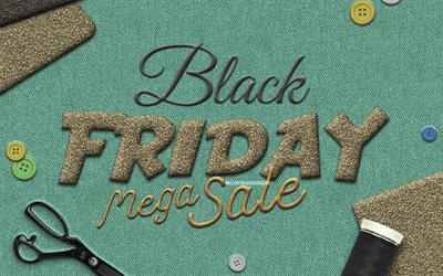 Black Friday Mega Sale, 4k, fabric backgrounds, embroidery, Black Friday concepts, creative, Black Friday art, Black Friday