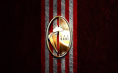 Bari FC golden logo, 4k, red stone background, Serie B, Italian football club, Bari FC logo, soccer, Bari FC emblem, SSC Bari, football, Bari FC