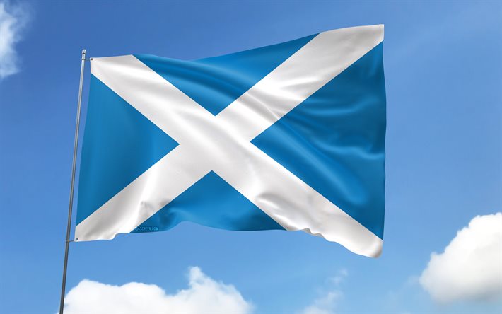 Scotland flag on flagpole, 4K, European countries, blue sky, flag of Scotland, wavy satin flags, Scottish flag, Scottish national symbols, flagpole with flags, Day of Scotland, Europe, Scotland flag, Scotland