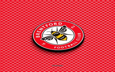 4k, Brentford FC isometric logo, 3d art, English football club, isometric art, Brentford FC, red background, Premier League, England, football, isometric emblem, Brentford FC logo