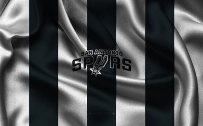 4k, San Antonio Spurs logo, black white silk fabric, American basketball team, San Antonio Spurs emblem, NBA, San Antonio Spurs, USA, basketball, San Antonio Spurs flag