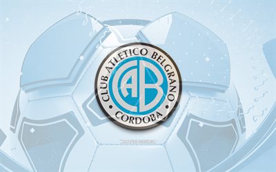 CA Belgrano glossy logo, 4K, blue football background, Liga Profesional, soccer, argentine football club, CA Belgrano 3D logo, CA Belgrano emblem, Belgrano FC, football, sports logo, CA Belgrano