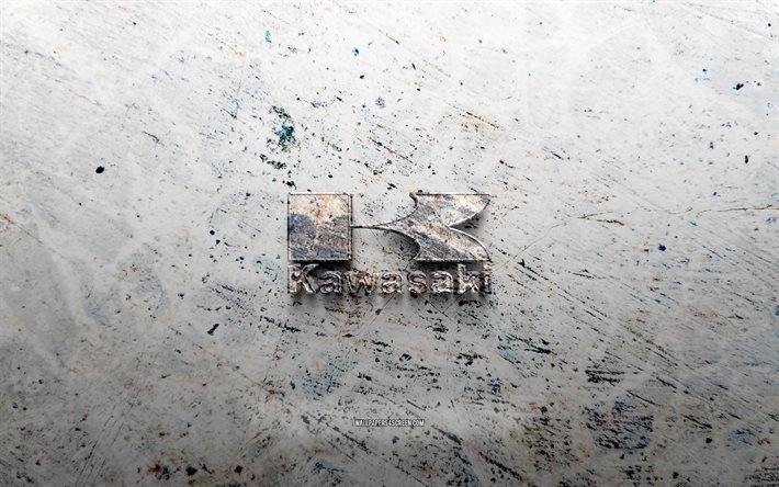logo en pierre kawasaki, 4k, fond de pierre, logo kawasaki 3d, marques, créatif, logo kawasaki, grunge art, kawasaki