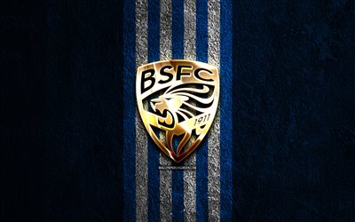 Brescia FC golden logo, 4k, blue stone background, Serie B, Italian football club, Brescia FC logo, soccer, Brescia FC emblem, Brescia Calcio, football, Brescia FC