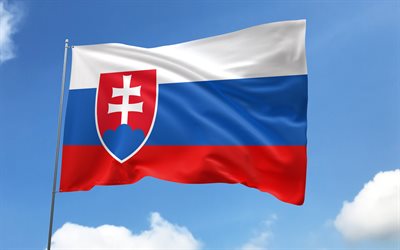slowakische flagge am fahnenmast, 4k, europäische länder, blauer himmel, flagge der slowakei, gewellte satinfahnen, slowakische flagge, slowakische nationale symbole, fahnenmast mit fahnen, tag der slowakei, europa, slowakei
