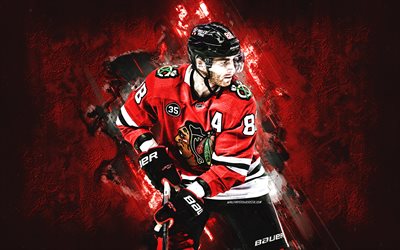 patrick kane, chicago blackhawks, amerikansk hockeyspelare, nhl, porträtt, röd sten bakgrund, hockey, usa
