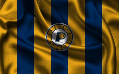 4k, Indiana Pacers logo, blue yellow silk fabric, American basketball team, Indiana Pacers emblem, NBA, Indiana Pacers, USA, basketball, Indiana Pacers flag