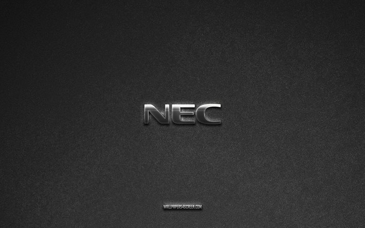 nec logo, tuotemerkit, harmaa kivi tausta, nec tunnus, suosittuja logoja, nec, metalliset merkit, nec metallinen logo, kivinen rakenne