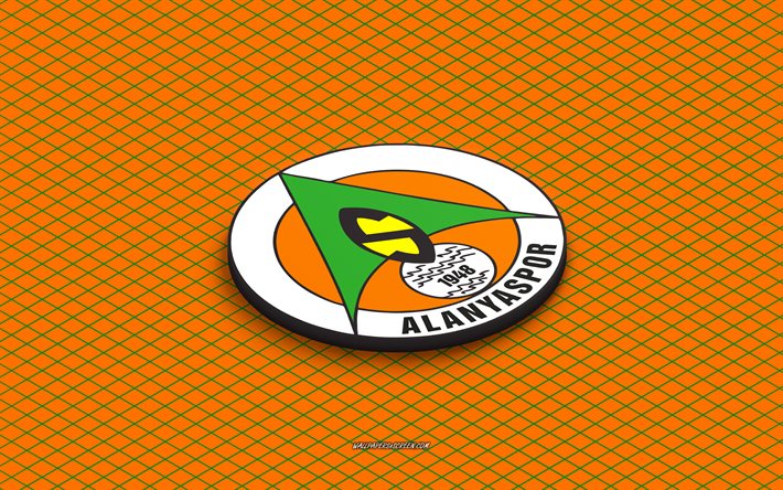 4k, alanyaspor isometrisches logo, 3d kunst, türkischer fußballverein, isometrische kunst, alanyaspor, orangefarbener hintergrund, superlig, truthahn, fußball, isometrisches emblem, alanyaspor logo