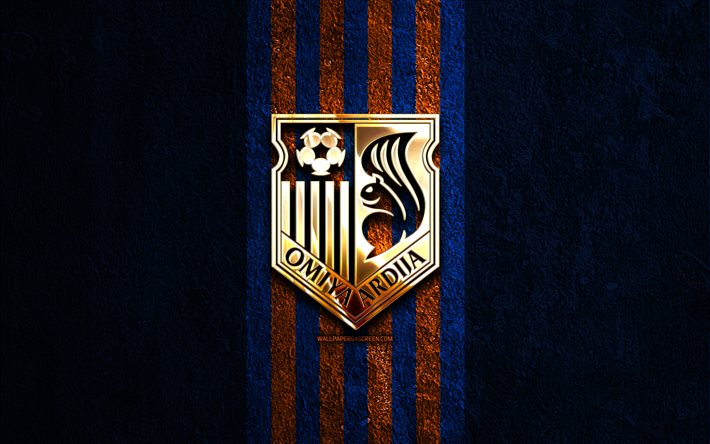 omiya ardija goldenes logo, 4k, hintergrund aus blauem stein, j2 liga, japanischer fußballverein, omiya ardija logo, fußball, omiya ardija emblem, omiya ardija, omiya ardija fc
