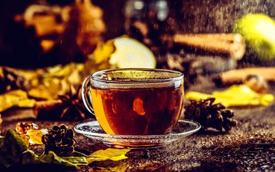 copo de chá, noite, chá preto, cones, bebidas quentes, conceitos de chá, chá