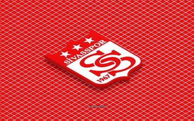 4k, logo isométrique sivasspor, art 3d, club de football turc, art isométrique, sivasspor, fond rouge, super ligue, turquie, football, emblème isométrique, logo sivasspor