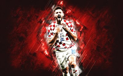 bruno petkovic, kroatische fußballnationalmannschaft, kroatischer fußballspieler, stürmer, katar 2022, roter steinhintergrund, kroatien, fußball