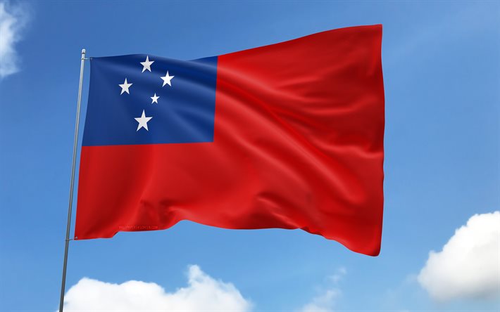 Samoa flag on flagpole, 4K, Oceanian countries, blue sky, flag of Samoa, wavy satin flags, Samoa flag, Samoa national symbols, flagpole with flags, Day of Samoa, Oceania, Samoa
