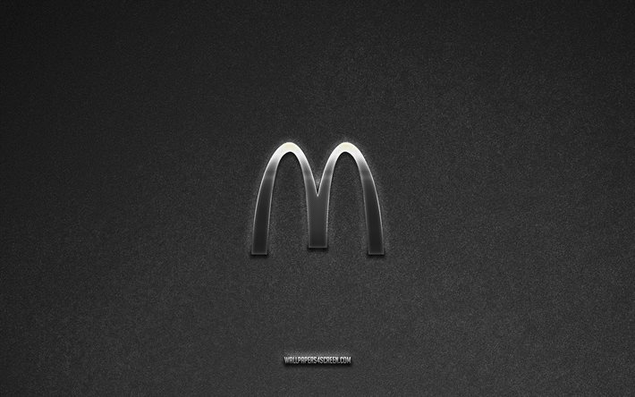 il logo di mcdonald's, marche, sfondo di pietra grigia, emblema di mcdonald's, loghi popolari, mcdonald's, segni di metallo, logo in metallo mcdonald's, trama di pietra