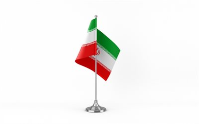 4k, drapeau de table iran, fond blanc, drapeau iranien, drapeau de table de l'iran, drapeau iranien sur bâton de métal, symboles nationaux, l'iran