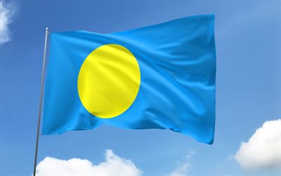 Palau flag on flagpole, 4K, Oceanian countries, blue sky, flag of Palau, wavy satin flags, Palau flag, Palau national symbols, flagpole with flags, Day of Palau, Oceania, Palau