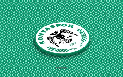 4k, Konyaspor isometric logo, 3d art, Turkish football club, isometric art, Konyaspor, green background, Super Lig, Turkey, football, isometric emblem, Konyaspor logo