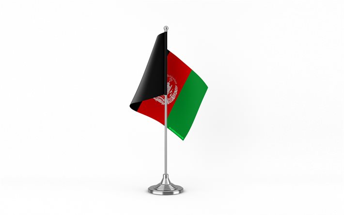 4k, bandiera da tavolo dell'afghanistan, sfondo bianco, bandiera dell'afghanistan, bandiera dell'afghanistan sul bastone di metallo, simboli nazionali, afghanistan