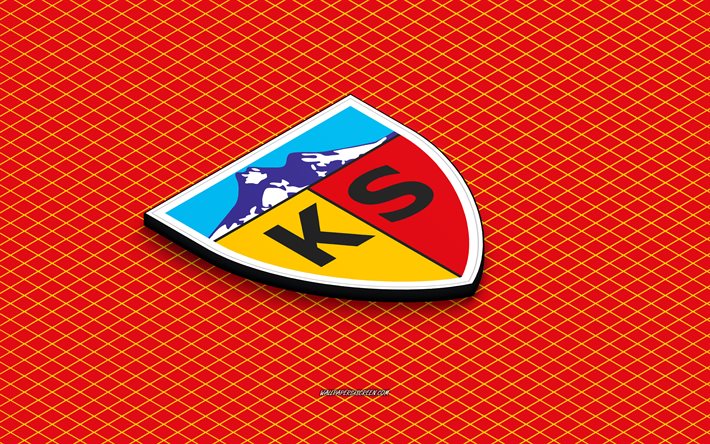4k, kayserispor isometrinen logo, 3d taidetta, turkin jalkapalloseura, isometrinen taide, kayserispor, punainen tausta, super lig, turkki, jalkapallo, isometrinen tunnus, kayserispor logo