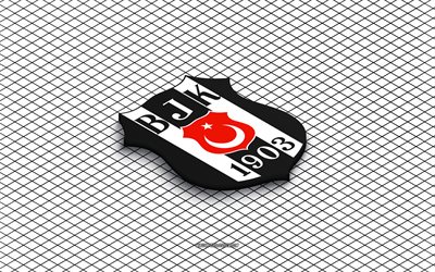 4k, besiktas isometriska logotyp, 3d konst, turkisk fotbollsklubb, isometrisk konst, besiktas, vit bakgrund, super lig, kalkon, fotboll, isometriskt emblem, besiktas logotyp