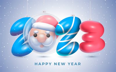 Happy New Year 2023, 3d art, 2023 greeting card, 2023 Happy New Year, 3d Santa Claus, 2023 concepts