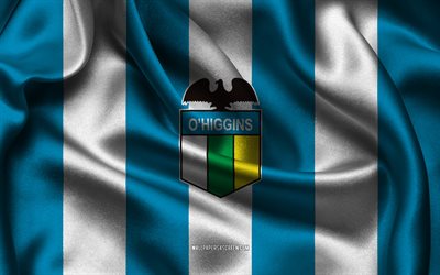 4k, ohiggins fc logo, blauweißer seidenstoff, chilenische fußballmannschaft, ohiggins fc emblem, chilenische primera division, campeonato nacional, ohiggins fc, chile, fußball, ohiggins fc flagge, ohiggins de rancagua