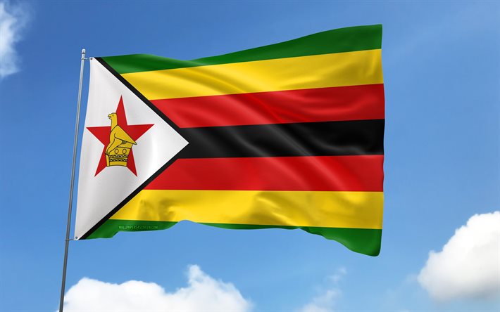 zimbabwen lippu lipputankoon, 4k, afrikan maat, sinitaivas, zimbabwen lippu, aaltoilevat satiiniliput, zimbabwen kansalliset symbolit, lipputanko lipuilla, zimbabwen päivä, afrikka, zimbabwe