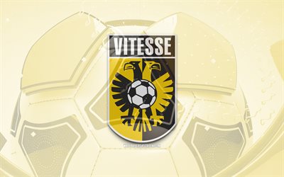 SBV Vitesse glossy logo, 4K, yellow football background, Eredivisie, soccer, belgian football club, SBV Vitesse 3D logo, SBV Vitesse emblem, Vitesse FC, football, sports logo, SBV Vitesse logo, SBV Vitesse