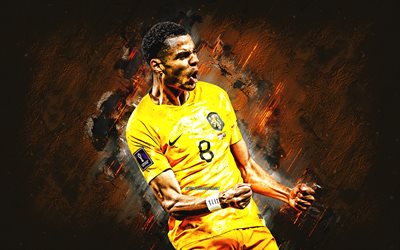 cody gakpo, nazionale di calcio olandese, qatar 2022, cody gakpo art, sfondo grunge arancione, calcio, olanda
