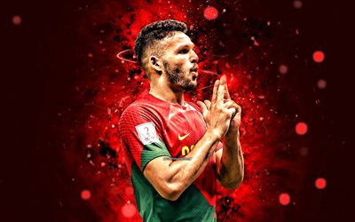 4k, Goncalo Ramos, Qatar 2022, red neon lights, Portugal National Football Team, personal celebration, soccer, footballers, red abstract background, Portuguese football team, Goncalo Ramos 4K
