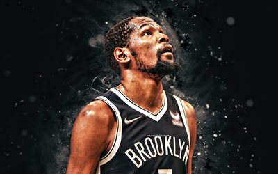 Kevin Durant, 4k, white neon lights, Brooklyn Nets, NBA, basketball, Kevin Durant 4K, black abstract background, Kevin Durant Brooklyn Nets