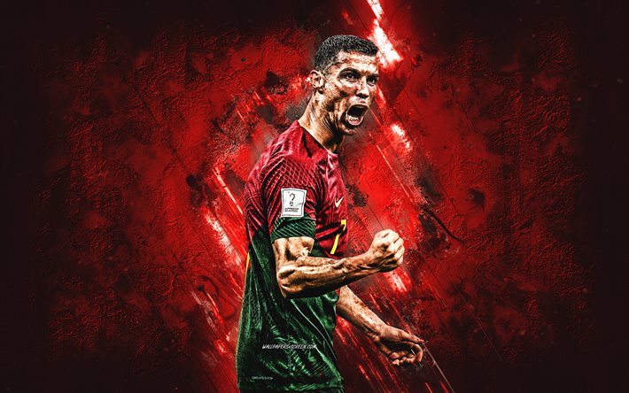 Cristiano Ronaldo, Portugal national football team, goal, red stone background, grunge art, Cristiano Ronaldo art, Qatar 2022, football, CR, world football star